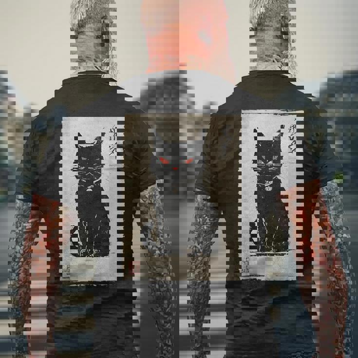 猫 鬼 ハロウィン 日本 ミニマリスト 墨絵 浮世絵風 メンズTシャツ バックプリント 高齢者への贈り物