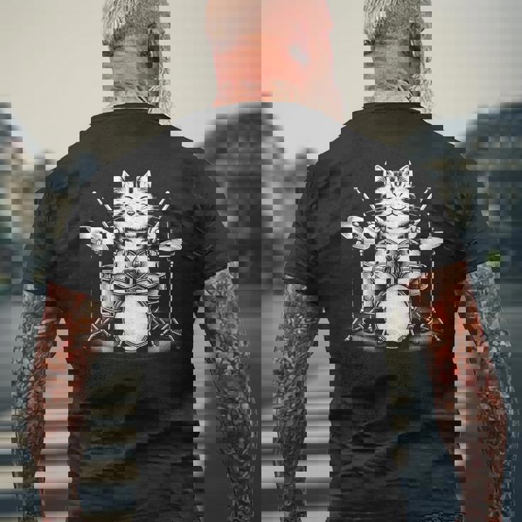 猫がドラムを弾く 面白いロックミュージックドラム 猫 メンズTシャツ バックプリント 高齢者への贈り物