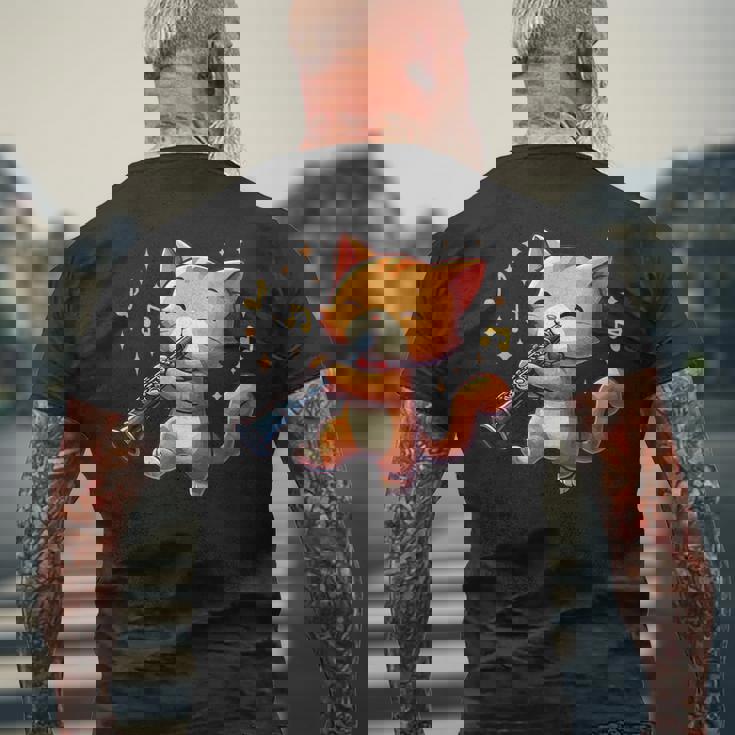 猫好きのためのかわいい猫のデザイン 猫がクラリネットを弾く メンズTシャツ バックプリント 高齢者への贈り物