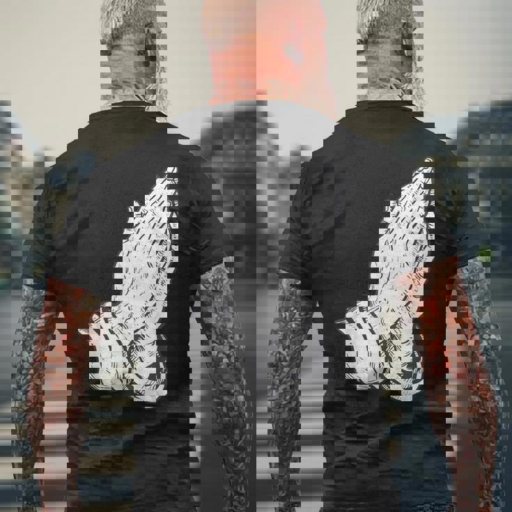 祈るイエスの手 メンズTシャツ バックプリント 高齢者への贈り物