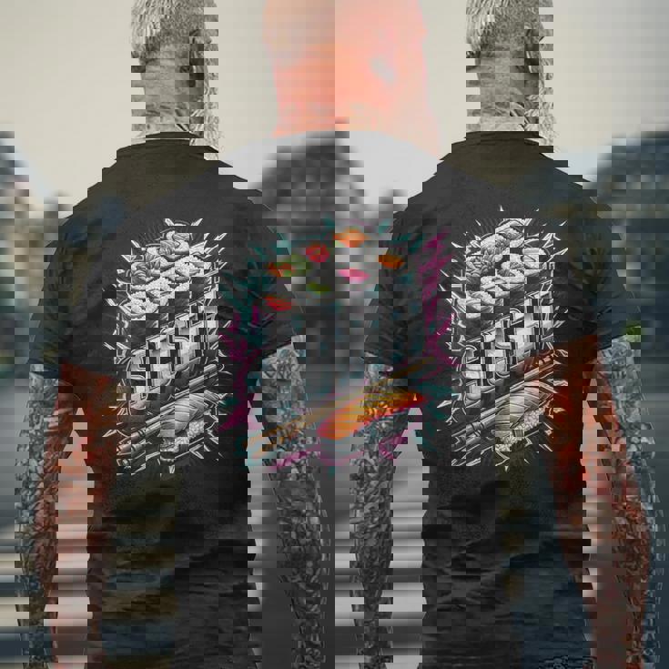 稲妻と閃光の寿司ティー 日本料理 メンズTシャツ バックプリント 高齢者への贈り物