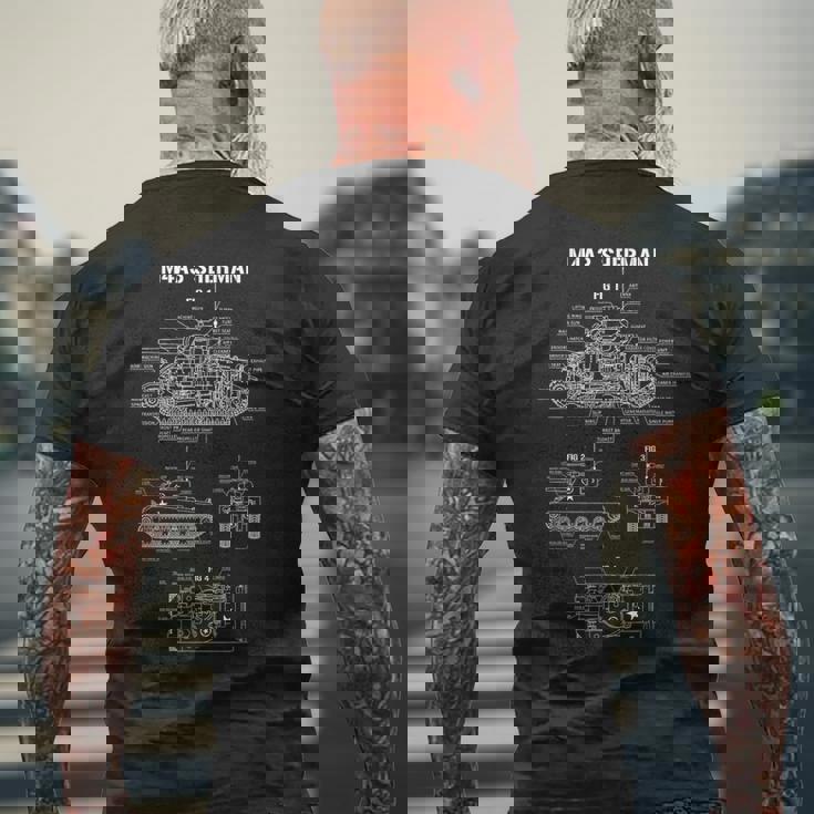 第二次世界大戦のアメリカ戦車m4a3シャーマンの青写真 メンズTシャツ バックプリント 高齢者への贈り物