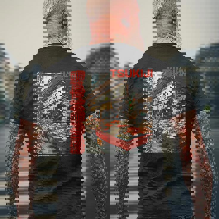 築地魚市場 日本 東京撮影 海鮮屋台 メンズTシャツ バックプリント 高齢者への贈り物