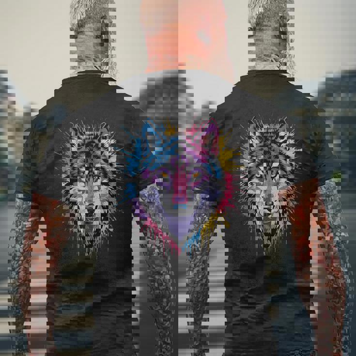 素晴らしいオオカミの頭の色彩。 メンズTシャツ バックプリント 高齢者への贈り物