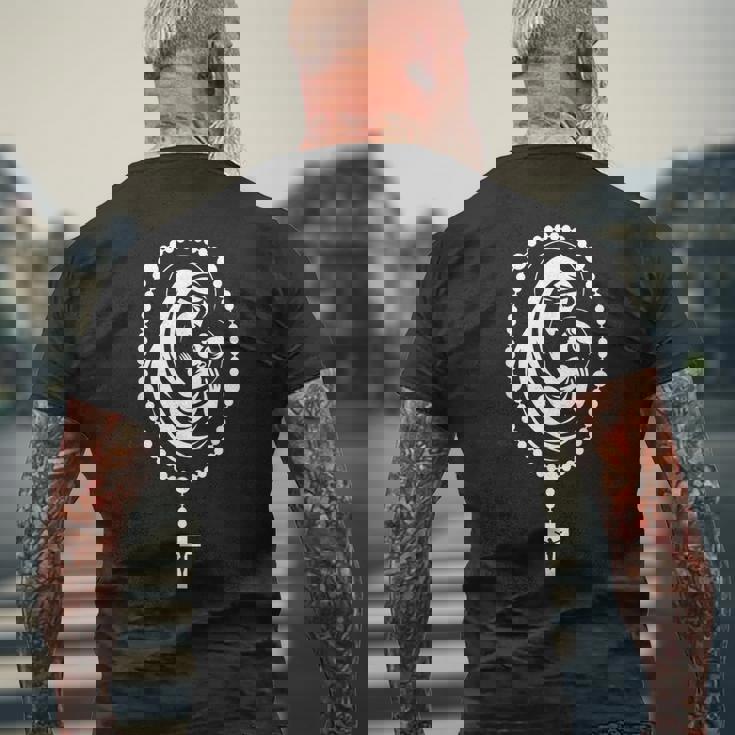 聖なるロザリオ 聖母マリア 赤ちゃん イエス カトリック ロザリオ ミステリー メンズTシャツ バックプリント 高齢者への贈り物