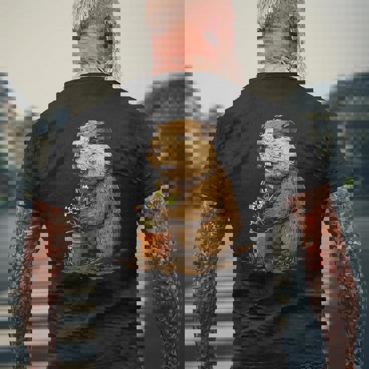 自然からインスピレーションを得た衣装愛好家のための鉢植え付き楽しいビーバー メンズTシャツ バックプリント 高齢者への贈り物