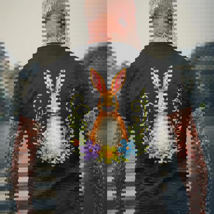 花と葉を持つ愛らしいウサギ 自然デザイン メンズTシャツ バックプリント 高齢者への贈り物