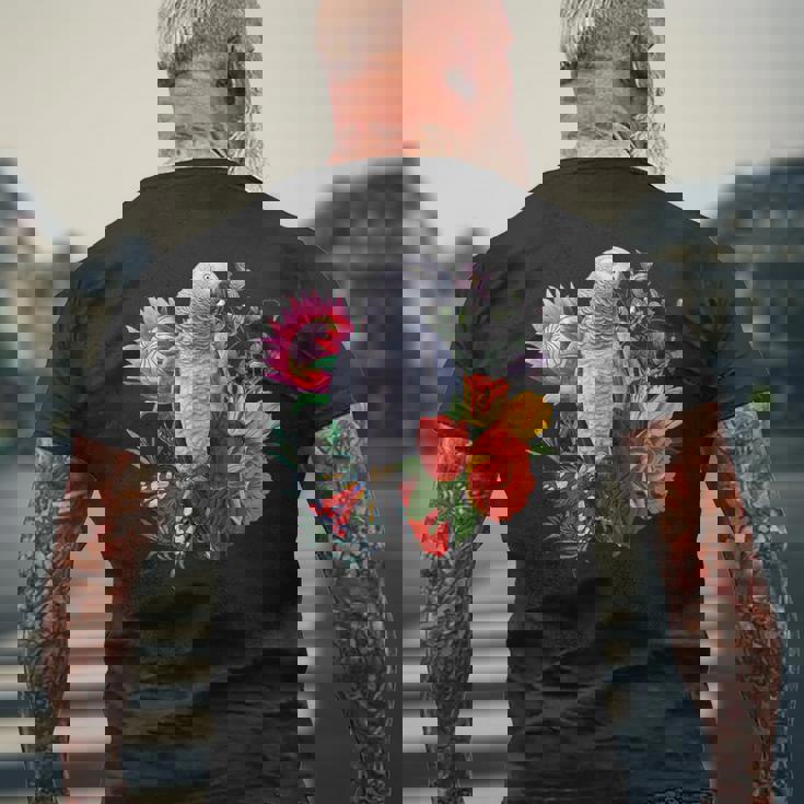 花と蝶とヨウム メンズTシャツ バックプリント 高齢者への贈り物