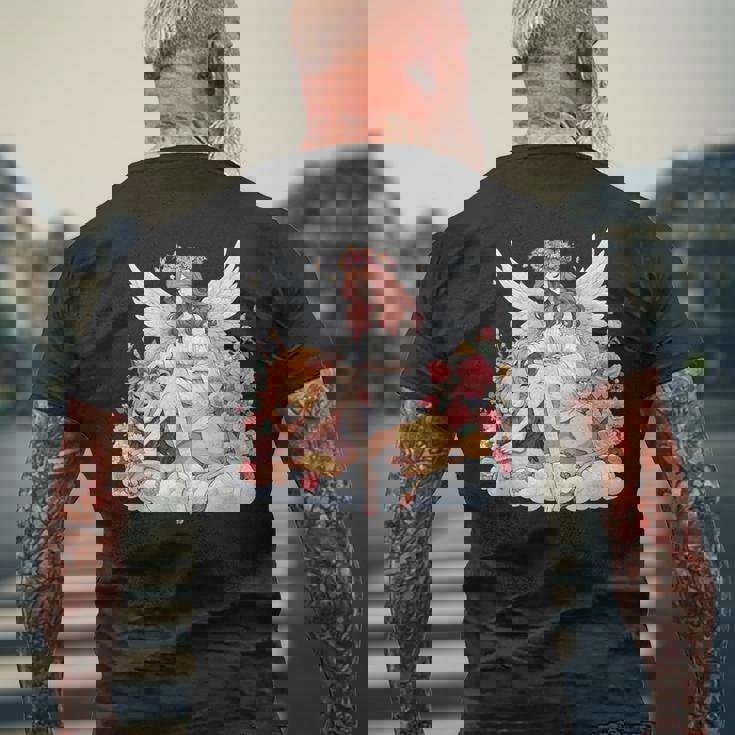 花に囲まれたライオンの天使 美しい天使 メンズTシャツ バックプリント 高齢者への贈り物