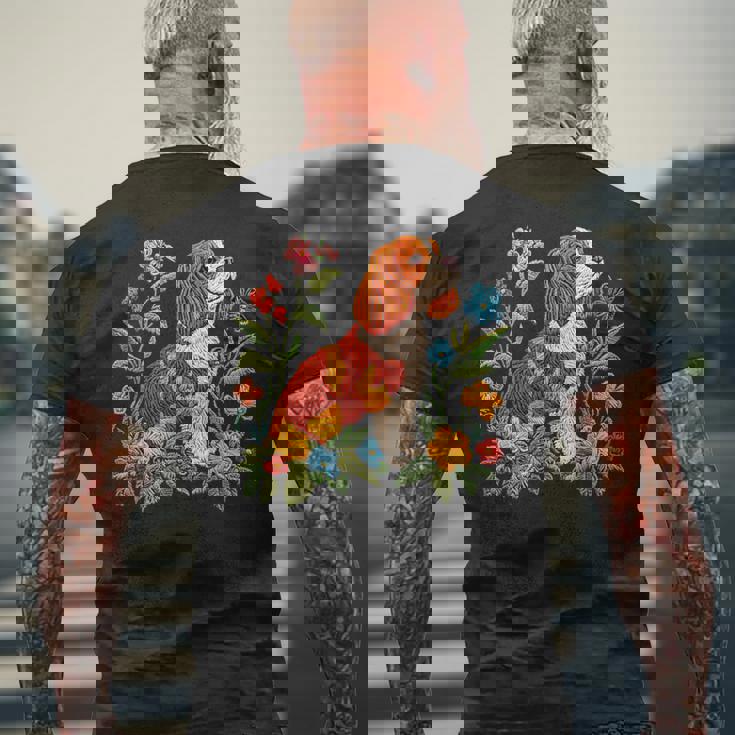 花柄 キャバリア王 チャールズ スパニエル キュート ママ 母の日 メンズTシャツ バックプリント 高齢者への贈り物