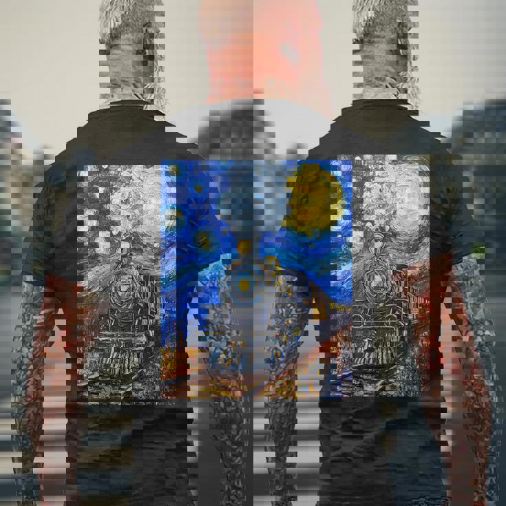 蒸気機関 蒸気機関車 ヴィンテージ ゴッホ 機関車 列車 メンズTシャツ バックプリント 高齢者への贈り物