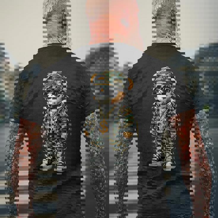 迷彩 ヒップホップ テディベア 迷彩 メンズTシャツ バックプリント 高齢者への贈り物