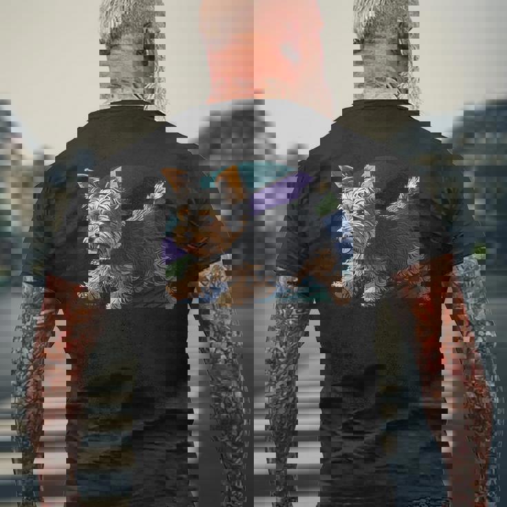 遊び心のあるヨークシャーテリア犬 ポップアート 誇り高きヨーキーオーナーズ メンズTシャツ バックプリント 高齢者への贈り物