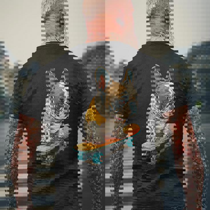 面白い フレンチブルドッグ スケートボード スケーター 犬 イングリッシュドッグ メンズTシャツ バックプリント 高齢者への贈り物