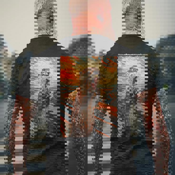 面白い レトロ ムンク 悲鳴 芸術的 絵画 パロディ カワウソ 恋人 メンズTシャツ バックプリント 高齢者への贈り物