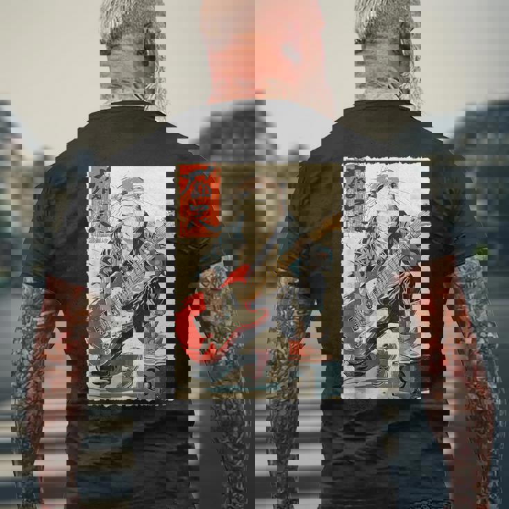 面白い 漫画 アニメ 日本美術 カワウソ ギターを弾く ロック メンズTシャツ バックプリント 高齢者への贈り物