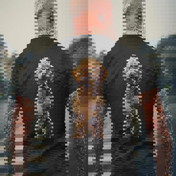 面白いオーケストラ サクソフォン ミュージシャン 落書き 犬 サックス メンズTシャツ バックプリント 高齢者への贈り物