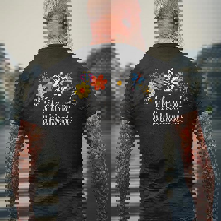 面白いコーヒーとダックスフントの花を言う メンズTシャツ バックプリント 高齢者への贈り物