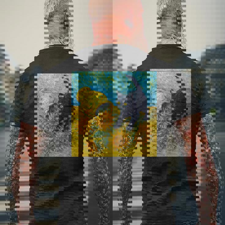 面白いゴッホのひまわり、猫のミーム、黒猫のアート。 メンズTシャツ バックプリント 高齢者への贈り物