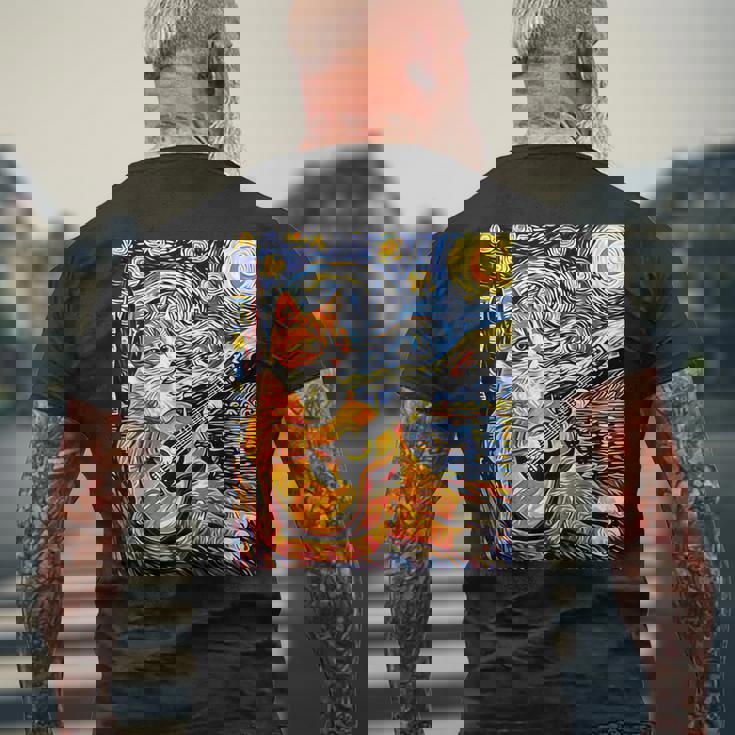 面白いレトロなデザインの猫がギターを弾く 星月夜 メンズTシャツ バックプリント 高齢者への贈り物