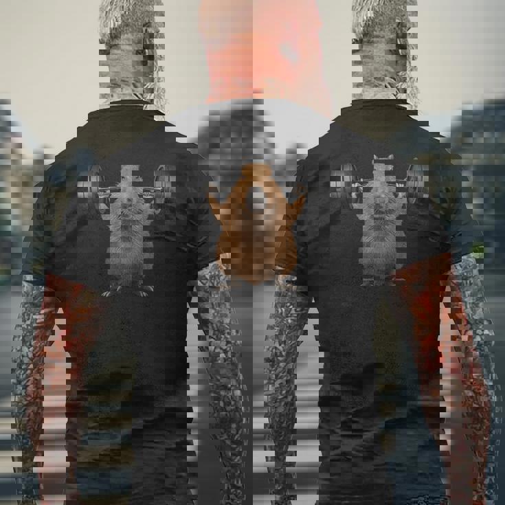 面白い動物 カピバラ げっ歯類 ウエイトリフティング フィットネスジム メンズTシャツ バックプリント 高齢者への贈り物