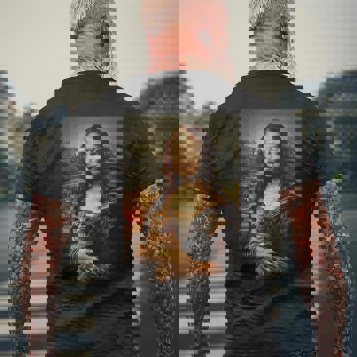 面白い猫 モナリザ 絵画 アート ママ お父さん メンズTシャツ バックプリント 高齢者への贈り物