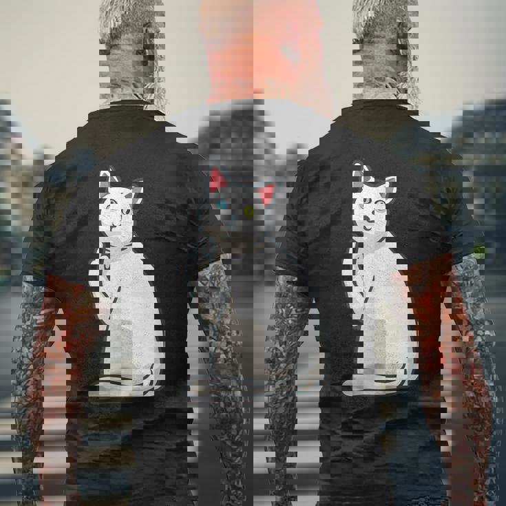 面白い猫 中指 オッドアイドキャット キティ メンズTシャツ バックプリント 高齢者への贈り物