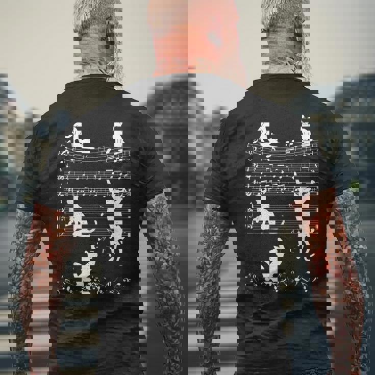 音楽好きな人 ピアノ猫 音符で演奏 ミュージシャン メンズTシャツ バックプリント 高齢者への贈り物