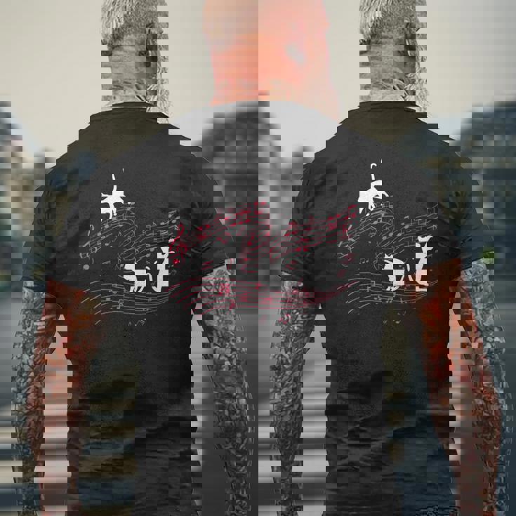 音符で遊ぶ3匹の猫 楽譜 メンズTシャツ バックプリント 高齢者への贈り物