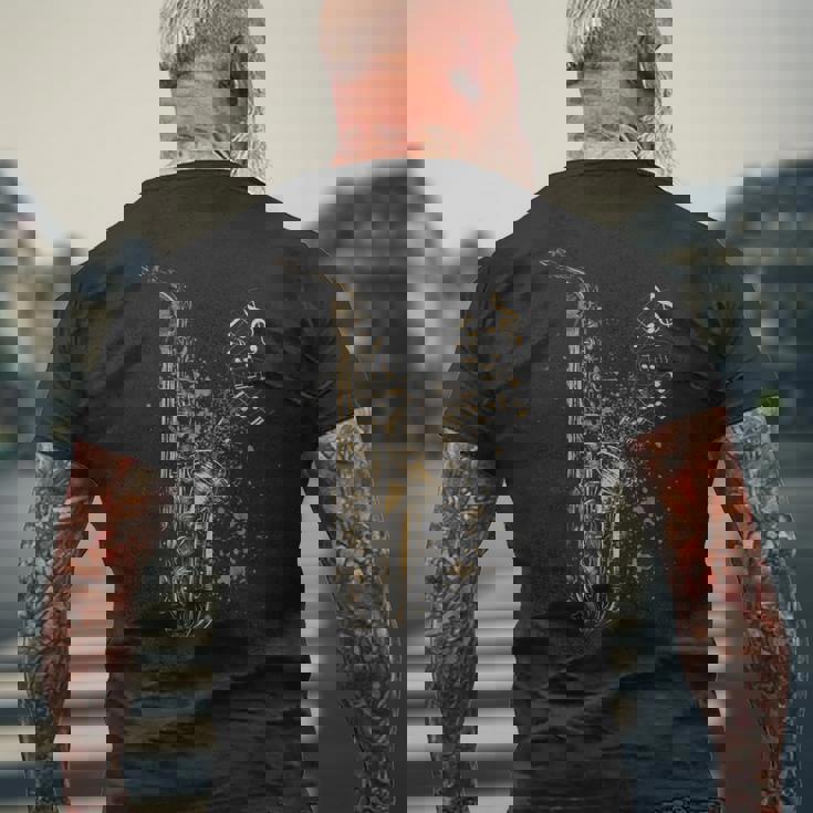 音符サックスプレーヤーとサックスヴィンテージスタイル メンズTシャツ バックプリント 高齢者への贈り物