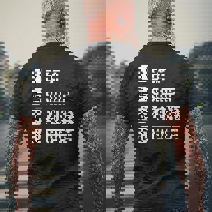 食べる 睡眠 ポーカー リピート トランプ ゲーム ホールデム メンズTシャツ バックプリント 高齢者への贈り物