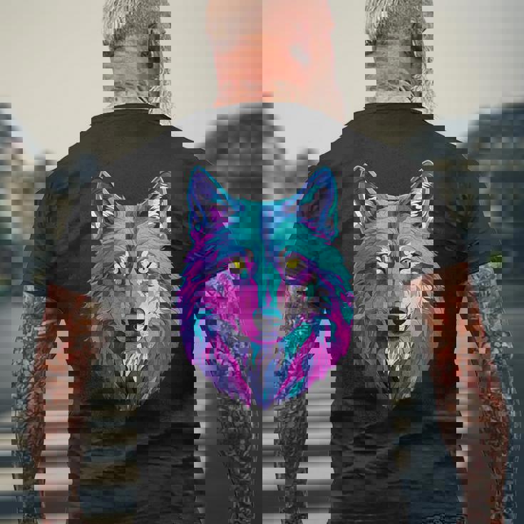 鮮やかなマルチカラーオオカミ メンズTシャツ バックプリント 高齢者への贈り物