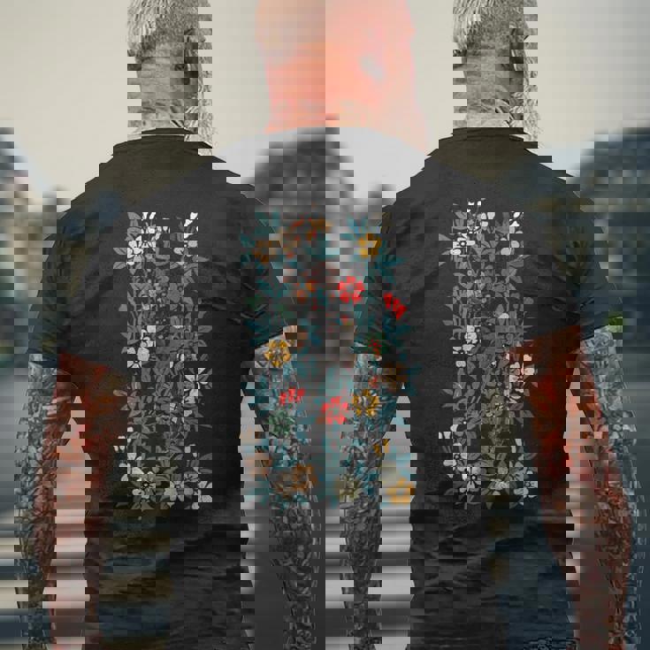 鳥 文鳥と花の模様 メンズTシャツ バックプリント 高齢者への贈り物