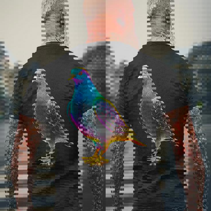 鳩 カラフル 動物 動物園 アートワーク 鳩 メンズTシャツ バックプリント 高齢者への贈り物