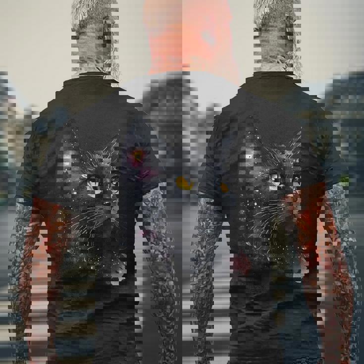 黒猫 黄色い目 猫の顔 子猫愛好家 メンズTシャツ バックプリント 高齢者への贈り物