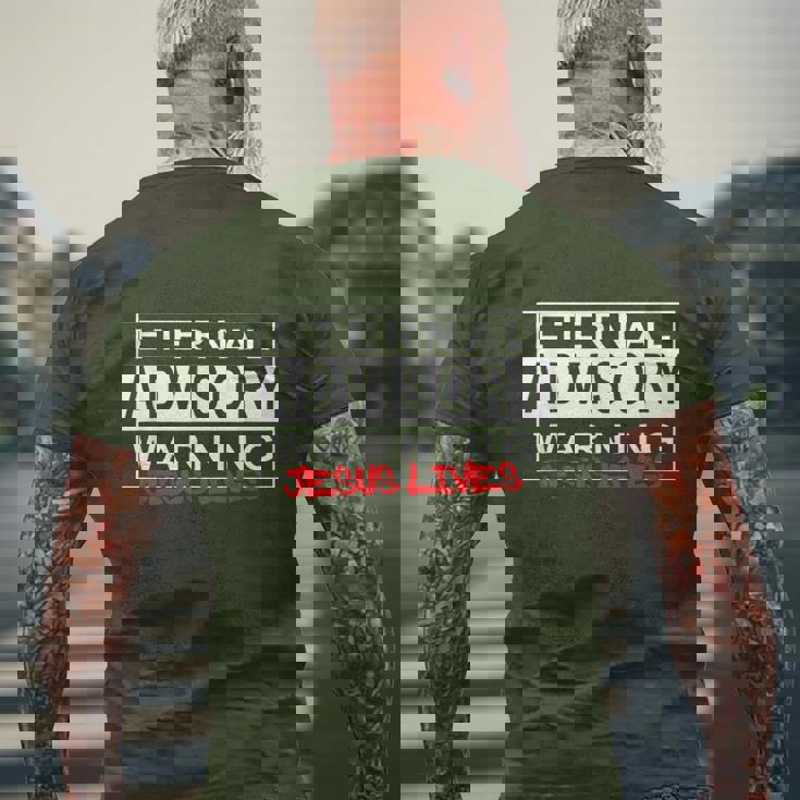 Eternal Advisory Warning Jesus Lives Cool Christmas メンズTシャツ バックプリント 高齢者への贈り物