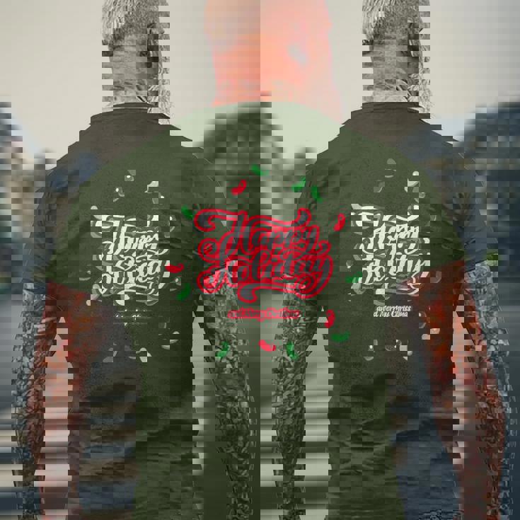 Happy Holiday And Merry Christmas Quote Festive Greetings メンズTシャツ バックプリント 高齢者への贈り物