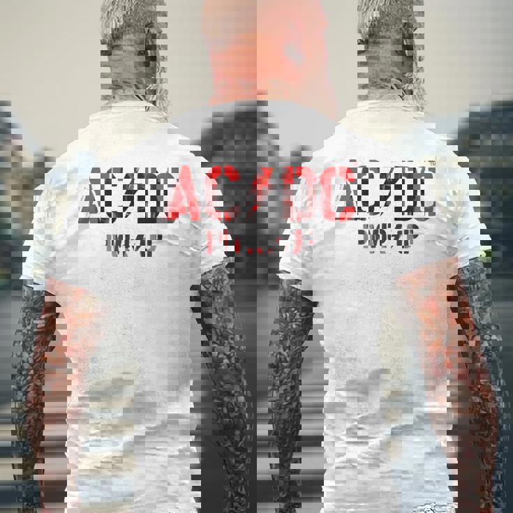 AcDcロックミュージックバンドpwrupフォトロゴ。 メンズTシャツ バックプリント 高齢者への贈り物