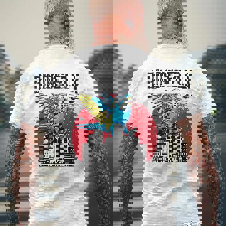 Budgiezilla 面白いインコ セキセイインコ セキセイインコ セキセイインコ 鳥好き メンズTシャツ バックプリント 高齢者への贈り物