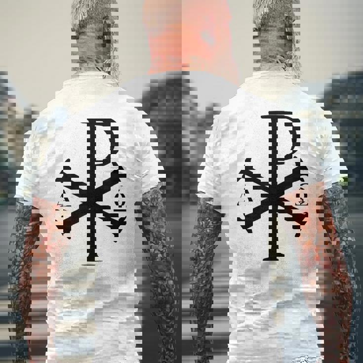 Chi Rho クリスチャン ゴッド アルファ オメガ イエスキリスト キリスト教 メンズTシャツ バックプリント 高齢者への贈り物