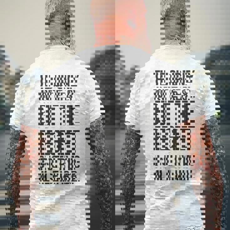 Easy Journeys Regret ジム、ハッスル、成功、モチベーションアップ メンズTシャツ バックプリント 高齢者への贈り物