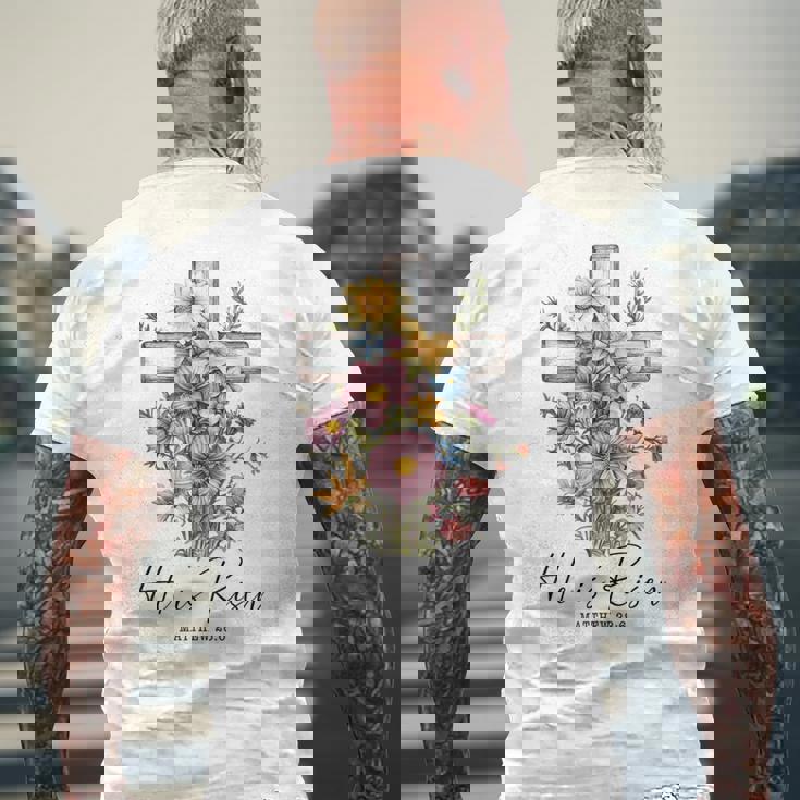 He Is Risen 花柄 十字架 春の花 イースター クリスチャ メンズTシャツ バックプリント 高齢者への贈り物