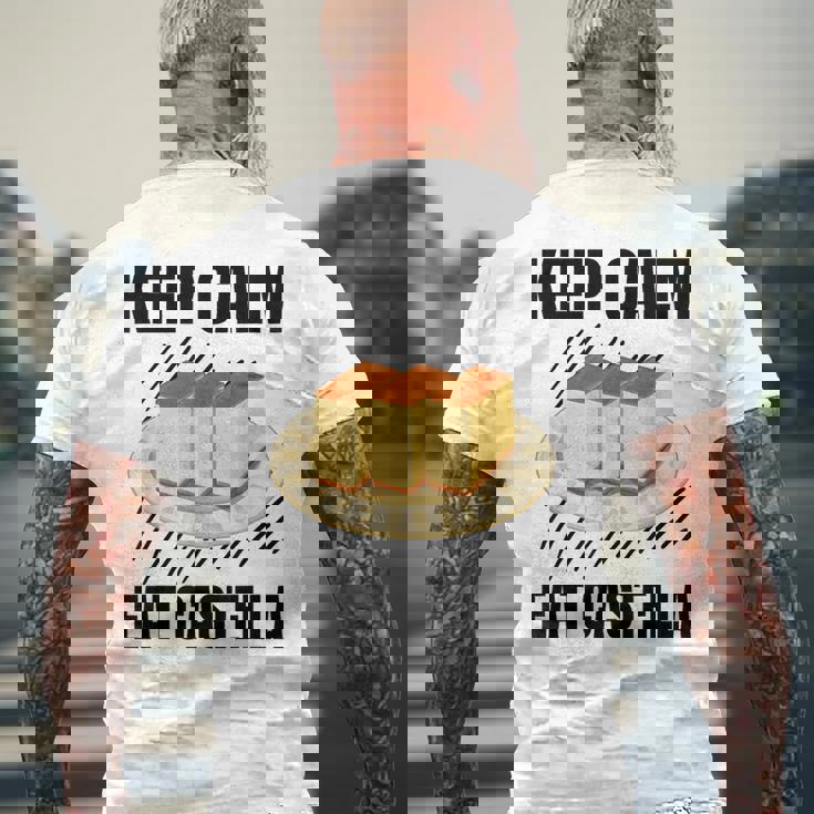 Keep Calm Eat Castella ヴィンテージ グランジ カステラ ケーキ好き メンズTシャツ バックプリント 高齢者への贈り物