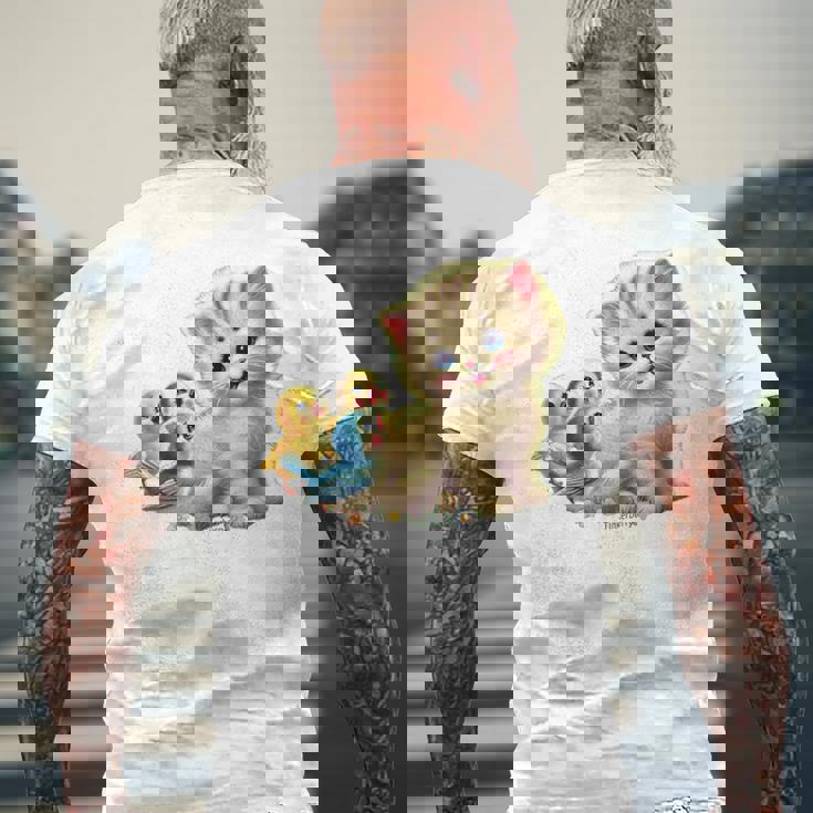 Kitten With Happy Little Birds メンズTシャツ バックプリント 高齢者への贈り物