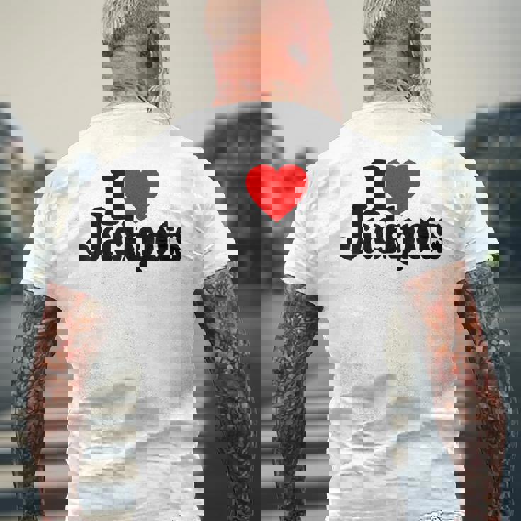 I Love Heart Jackpotslotslot Machines カジノラスベガス メンズTシャツ バックプリント 高齢者への贈り物