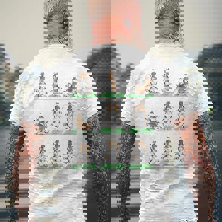 Shetland シープドッグ シェルティ 犬 ヨガ ポーズ ワークアウト エクササイズ メンズTシャツ バックプリント 高齢者への贈り物