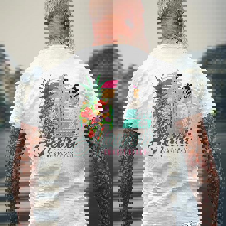 Sunset Beach Hawaii、サーフィンサーフボードレトロ、バックプリント メンズTシャツ バックプリント 高齢者への贈り物