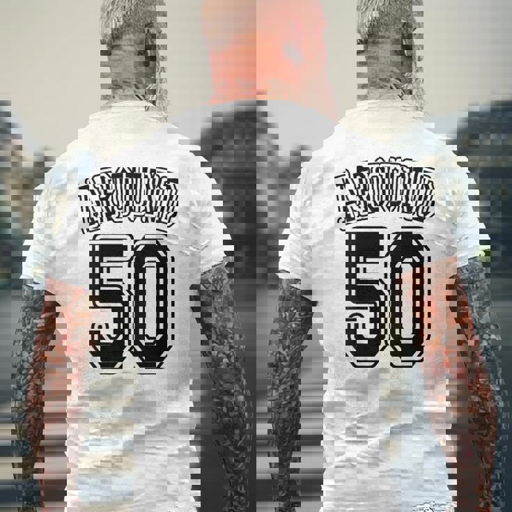 【バックプリント・背中側】Around 50 アラフィフ（五十歳 50才）ユニフォーム風 50代 誕生日プレゼント 面白 メンズTシャツ バックプリント 高齢者への贈り物