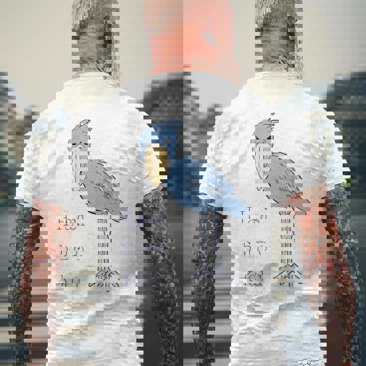 【バックプリント・背中側】ハシビロコウさん 『セルフィー』鳥【どうぶつフレンズ 】動物園 ゆるくて かわいい イラスト メンズTシャツ バックプリント 高齢者への贈り物