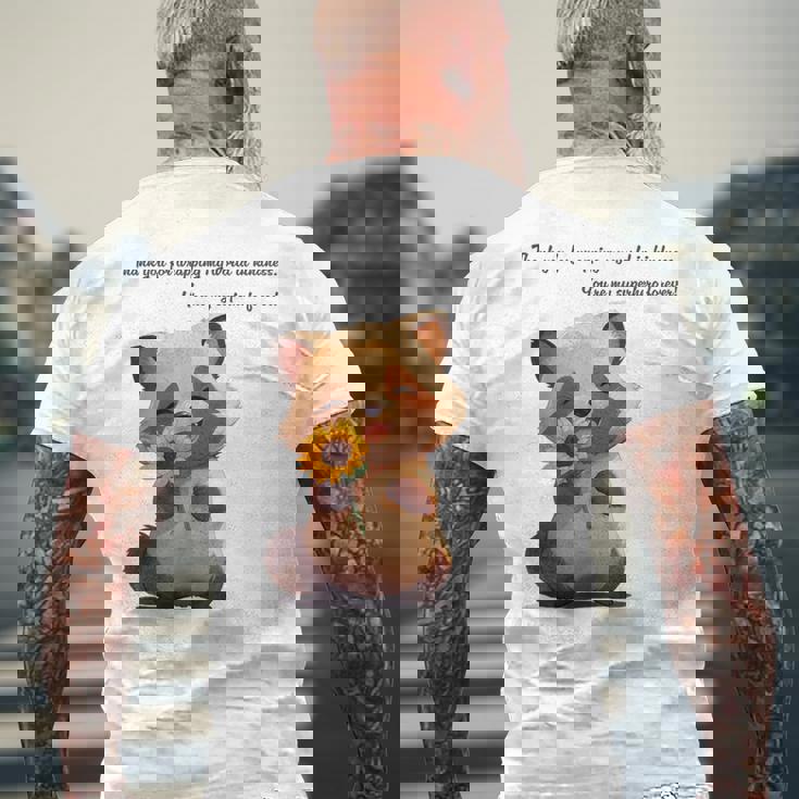 ありがとうのタヌキ ひまわりver 父の日 アニマルグラフィック 感謝 たぬき 花と狸 メンズTシャツ バックプリント 高齢者への贈り物